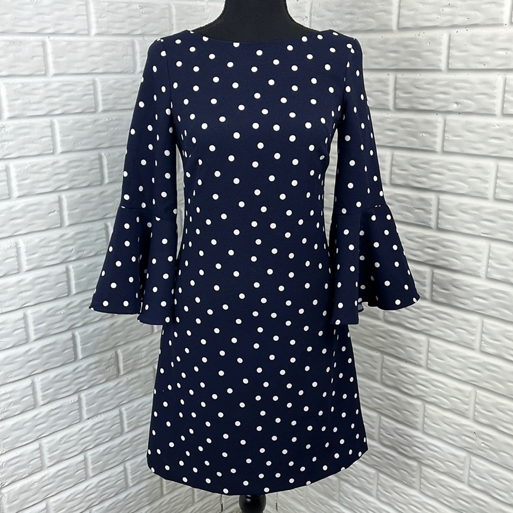ELIZA J Dress Blue & White Polka Dot Flare Bell sleeve size 0